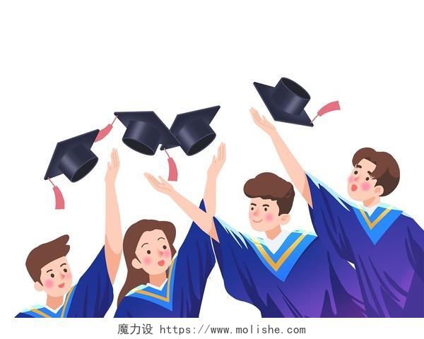 毕业季毕业元素蓝色穿学士服毕业人物扔帽子PNG素材